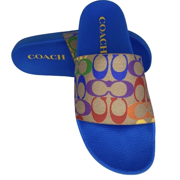 COACH Men's Signature Rainbow Logo Pride LGBTQIA Slides Sandals Size 9 New NIB - Picture 2 of 6